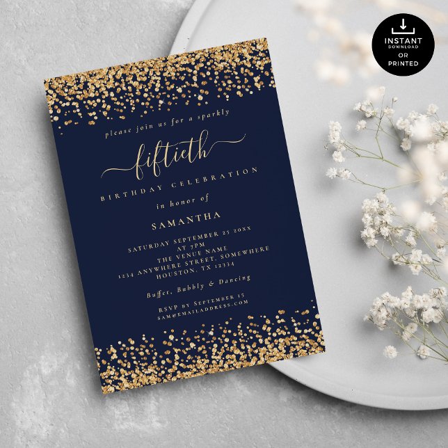 Gold Glitter Script Navy Blue Glam 50th Party Invitation (Creator Uploaded)