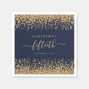 Gold Glitter Script Navy Blue Glam 50th Party Napkin