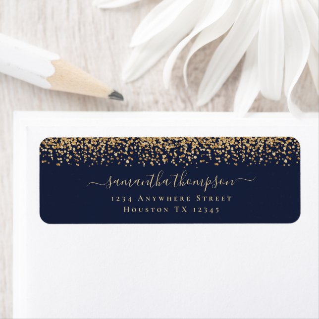 Gold Glitter Script Navy Blue Name Return Address (Insitu)