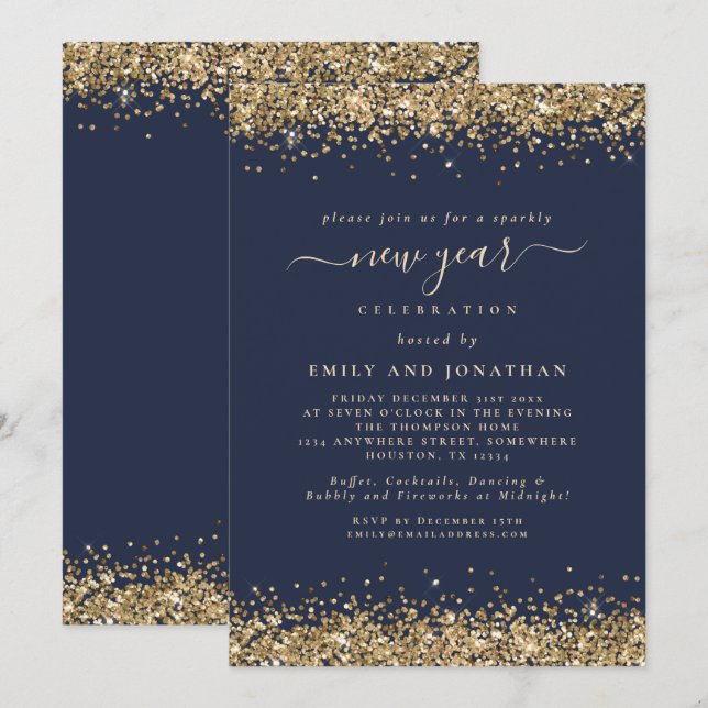 Gold Glitter Script Navy Blue New Years Eve Party Invitation (Front/Back)