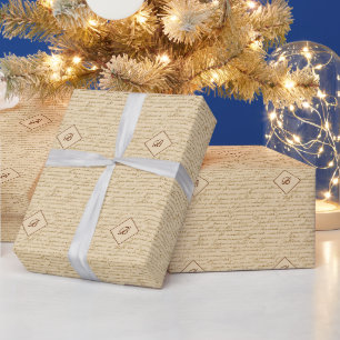 Gold Glitter Script Pattern Monogram Christmas Wrapping Paper