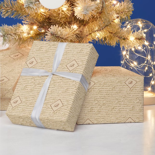 Gold Glitter Script Pattern Monogram Christmas Wrapping Paper (Holidays)