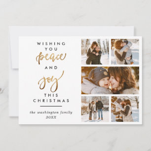 Gold Glitter Script Peace & Joy Christmas 5 Photo Holiday Card