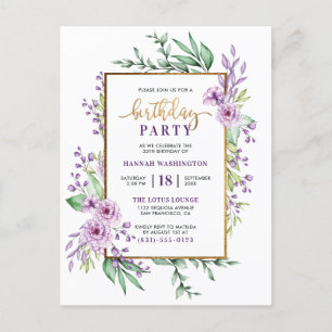 Gold Glitter Script Purple Floral Birthday Party Invitation Postcard