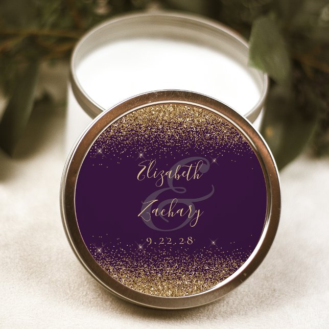 Gold Glitter Script Purple Wedding Classic Round Sticker (Creator Uploaded)