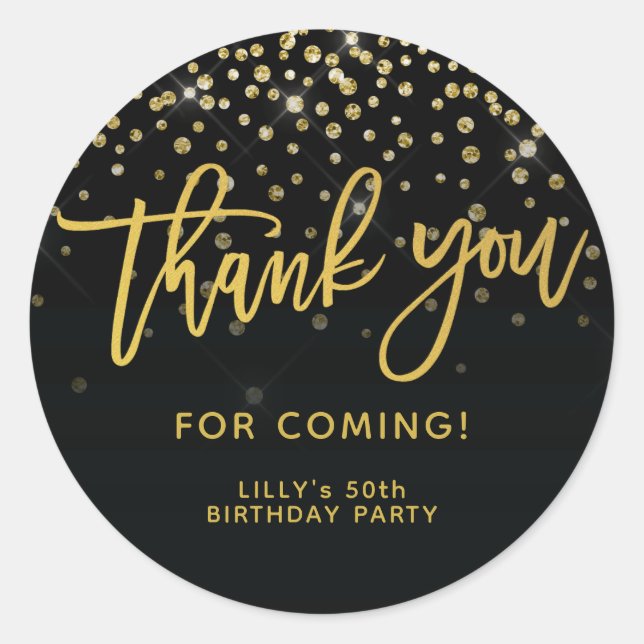 Gold Glitter Script Thank You For Coming Birthday  Classic Round Sticker (Front)