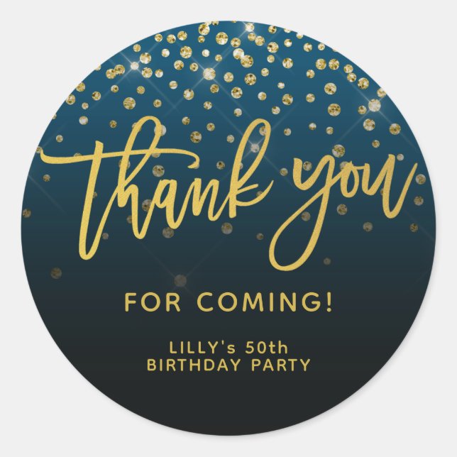 Gold Glitter Script Thank You For Coming Blue Classic Round Sticker (Front)