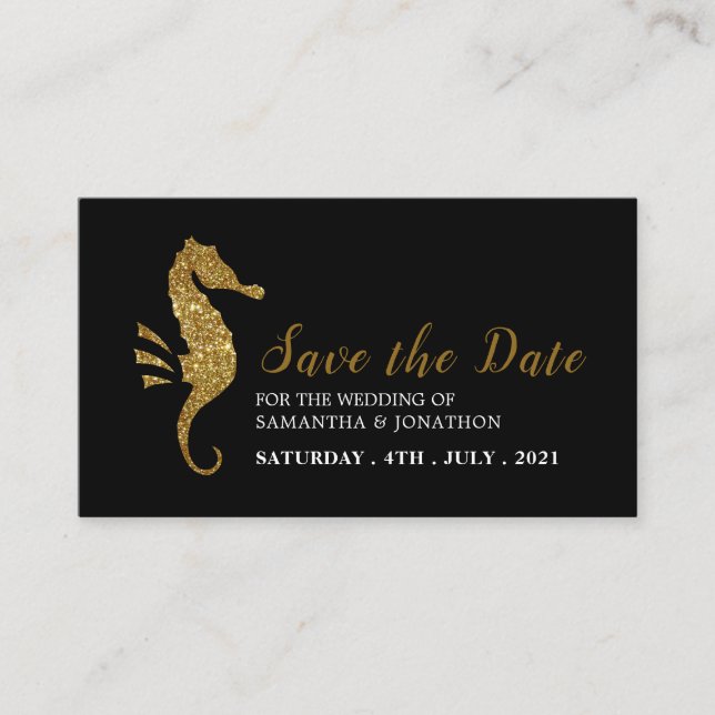 Gold Glitter Seahorse Save the Date Enclosure Card (Front)