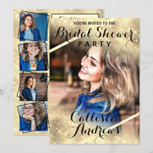 Gold Glitter Sequins Corners Photo Bridal Shower Invitation