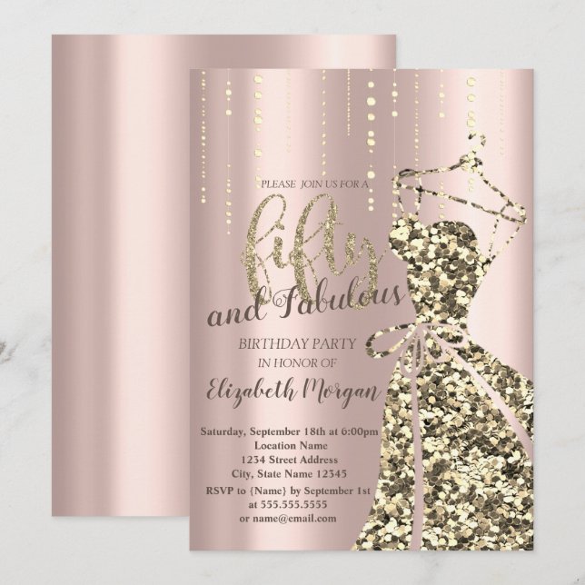 Gold Glitter Sequins Dress50th Birthday Party Invi Invitation (Front/Back)
