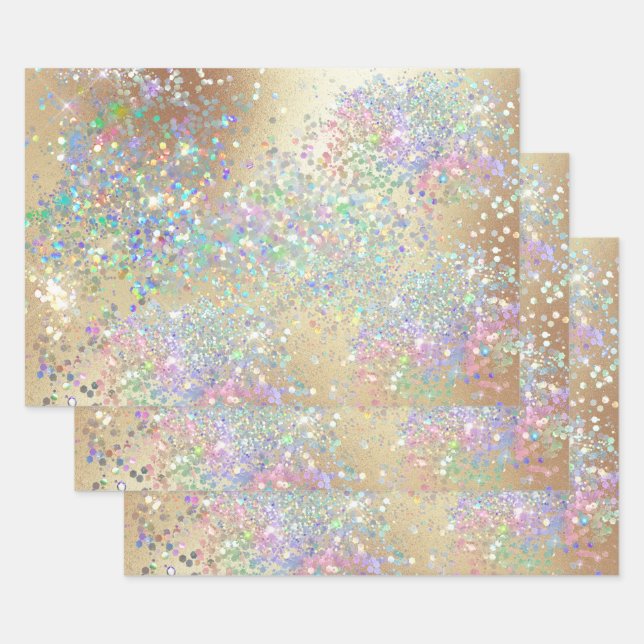 Gold glitter shimmer holographic confetti party wrapping paper sheet (Set)