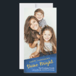 Gold Glitter Shine Bright Happy Hanukkah Holiday Card<br><div class="desc">Stylish and modern Hanukkah photo card that says "Happy Hanukkah Shine Bright" in faux gold glitter on a textured blue background.</div>