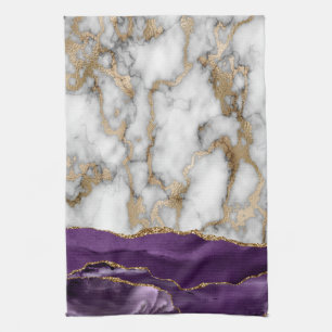 Gold Glitter Shiny White Marble Violet Kitchen Towel