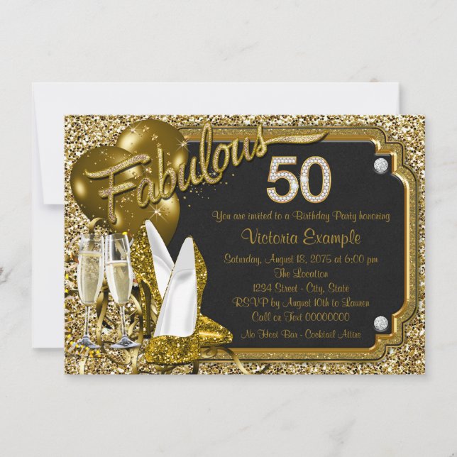 Gold Glitter Shoes Fabulous 50 Birthday Party Invitation (Front)