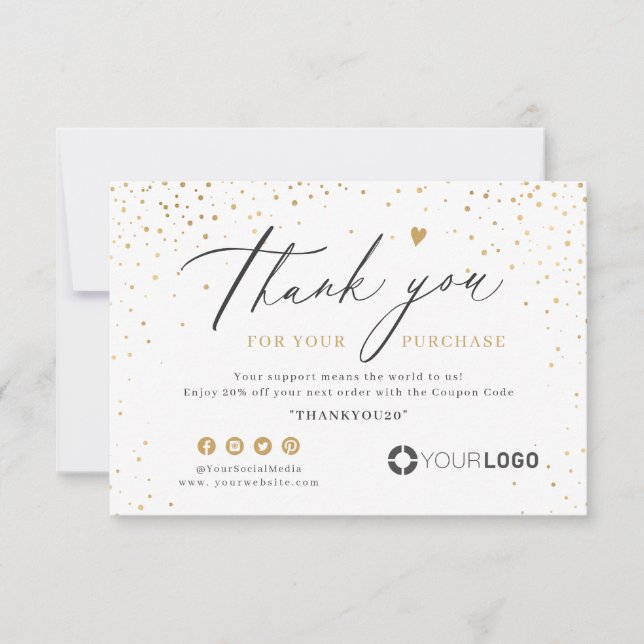 Gold glitter simple script business logo thank you card (Front)