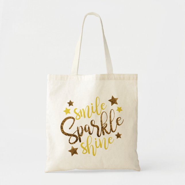 Gold Glitter Smile Sparkle Shine Typography Tote Bag (Front)