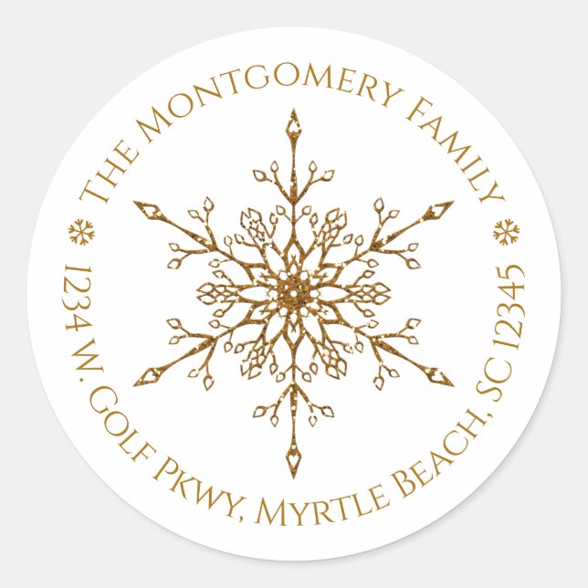 Gold Glitter Snowflake Elegant Christmas Holiday Classic Round Sticker (Front)