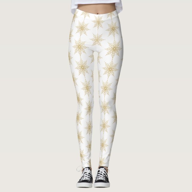 Gold Glitter Snowflake Holiday Leggings (Front)