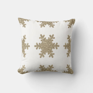 Gold Glitter Snowflake Pattern White Christmas Throw Pillow