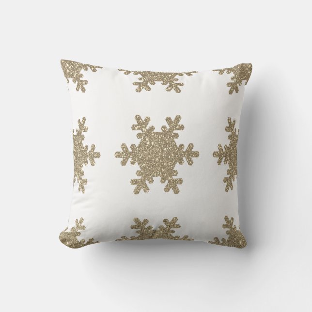 Gold Glitter Snowflake Pattern White Christmas Throw Pillow (Front)