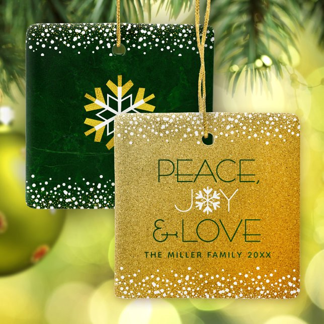 Gold Glitter Snowflake Peace Joy Love Custom Name Ceramic Ornament (Creator Uploaded)