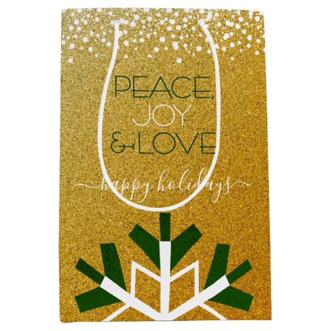 Gold Glitter Snowflake Peace Joy Love Typography Medium Gift Bag (Front)