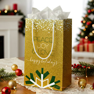 Gold Glitter Snowflake Peace Joy Love Typography Small Gift Bag
