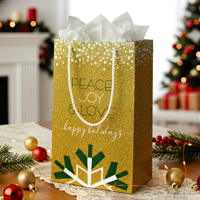Gold Glitter Snowflake Peace Joy Love Typography Small Gift Bag (Creator Uploaded)