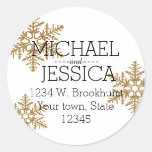 Gold Glitter Snowflake Personalized address Classic Round Sticker