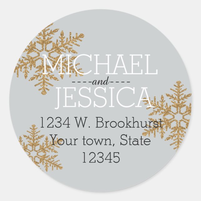 Gold Glitter Snowflake Personalized address Classic Round Sticker (Front)