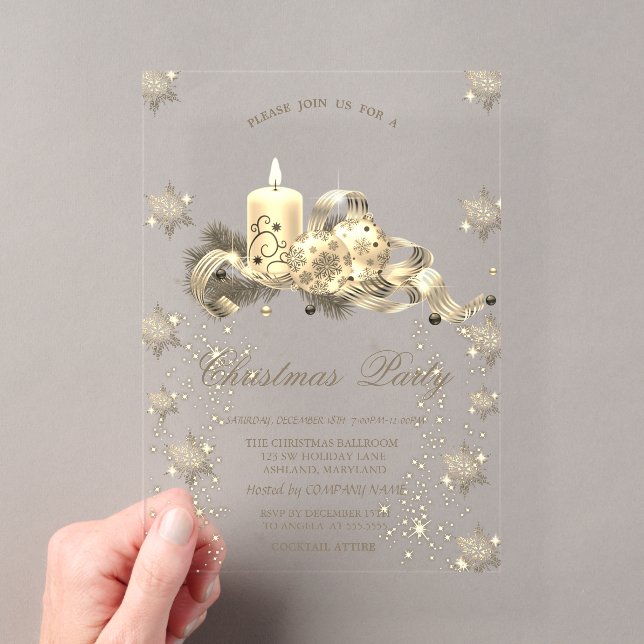 Gold Glitter Snowflakes Candle Balls Christmas  Acrylic Invitations (Insitu (Handheld))