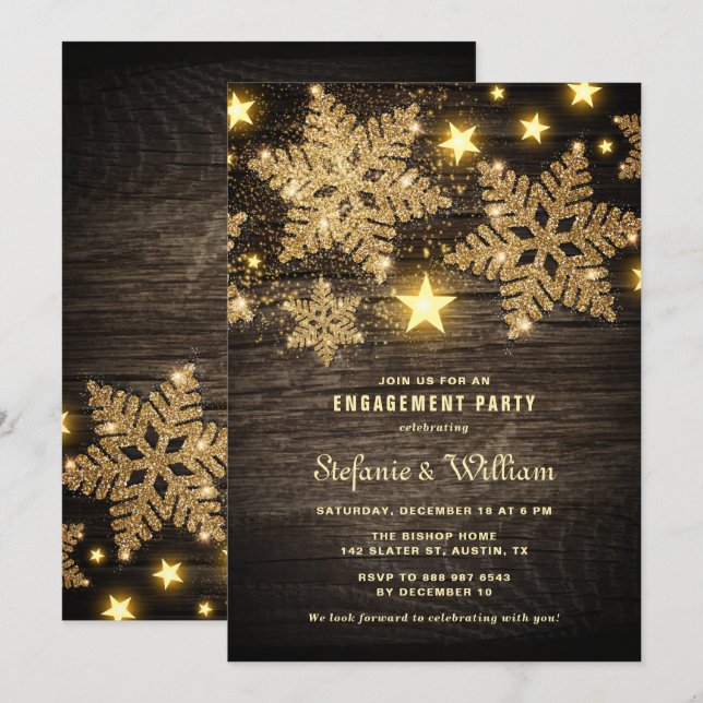 Gold Glitter Snowflakes Rustic Engagement Party Invitation (Front/Back)