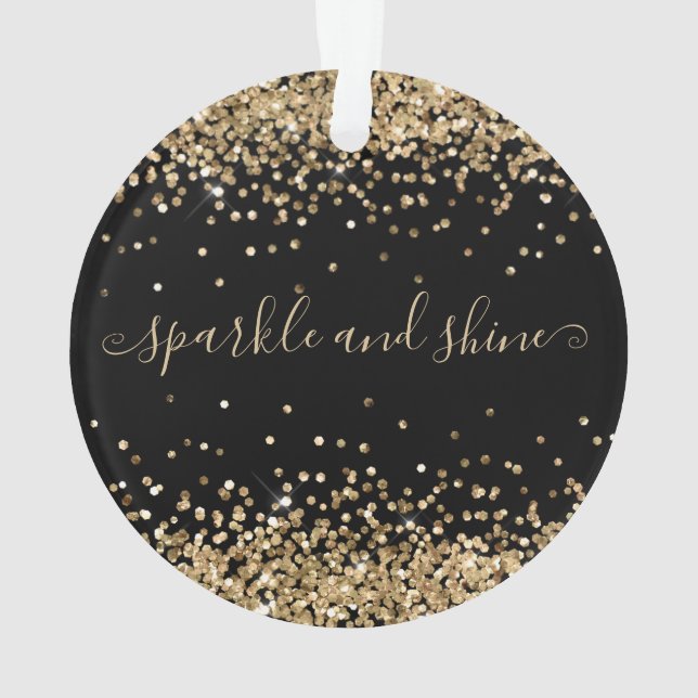 Gold Glitter Sparkle and Shine Happy Holiday Black Ornament (Back)