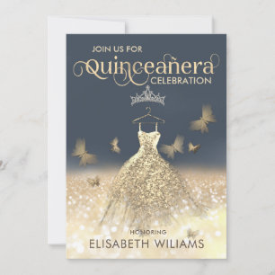 Gold glitter sparkle dress ombre tiara Quinceañera Invitation