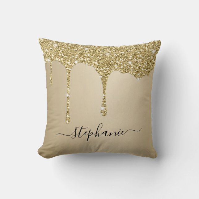 Gold Glitter Sparkle Drips Script Custom Name Throw Pillow (Front)