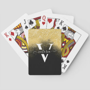 Gold Glitter Sparkle Elegant Monogram Black Custom Playing Cards