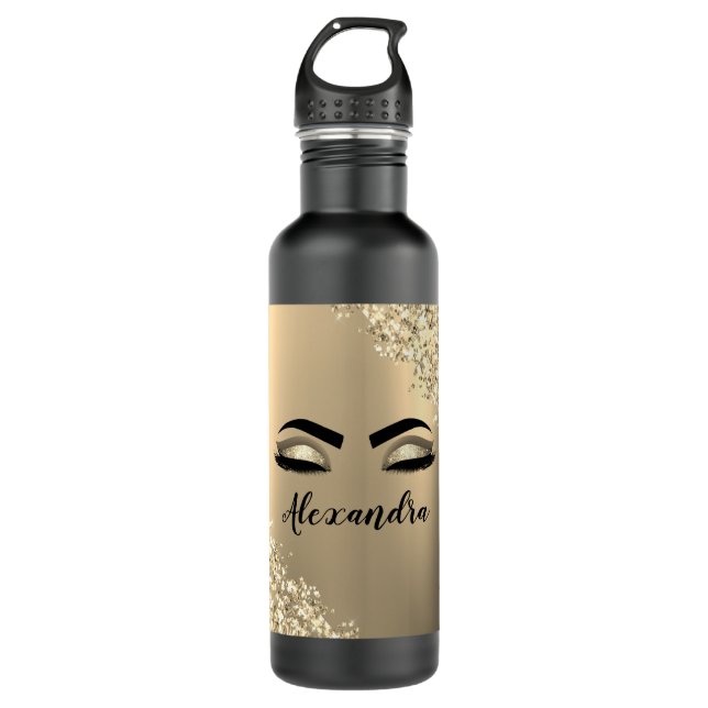Gold Glitter Sparkle Eyelashes Monogram Name 710 Ml Water Bottle (Front)