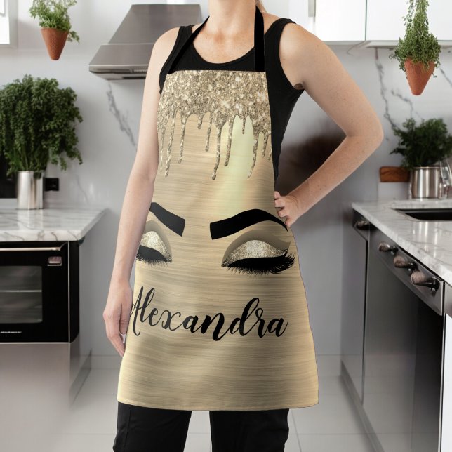 Gold Glitter Sparkle Eyelashes Monogram Name Apron (Creator Uploaded)
