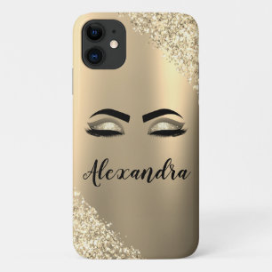 Gold Glitter Sparkle Eyelashes Monogram Name iPhone 11 Case