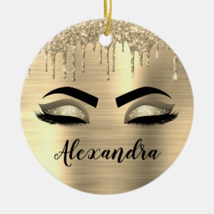 Gold Glitter Sparkle Eyelashes Monogram Name Ceramic Ornament