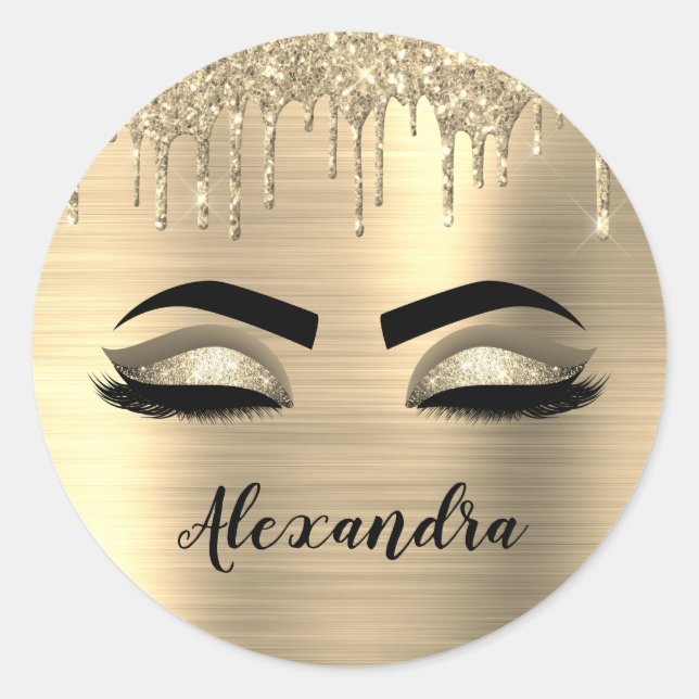 Gold Glitter Sparkle Eyelashes Monogram Name Classic Round Sticker (Front)