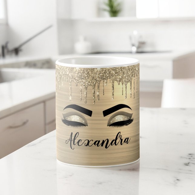 Gold Glitter Sparkle Eyelashes Monogram Name Coffee Mug (Creator Uploaded)
