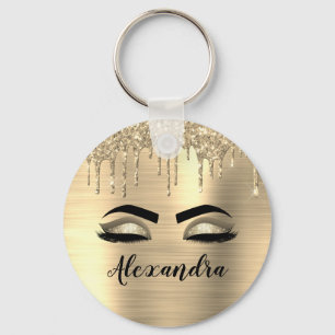 Gold Glitter Sparkle Eyelashes Monogram Name Keychain