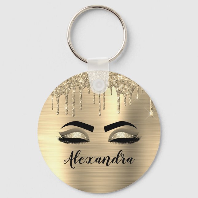 Gold Glitter Sparkle Eyelashes Monogram Name Keychain (Front)
