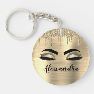 Gold Glitter Sparkle Eyelashes Monogram Name Keychain