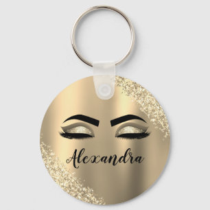 Gold Glitter Sparkle Eyelashes Monogram Name Keychain