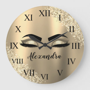 Gold Glitter Sparkle Eyelashes Monogram Name Large Clock