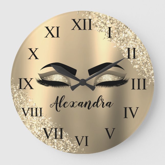 Gold Glitter Sparkle Eyelashes Monogram Name Large Clock (Front)