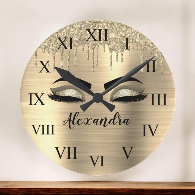 Gold Glitter Sparkle Eyelashes Monogram Name Large Clock (Creator Uploaded)