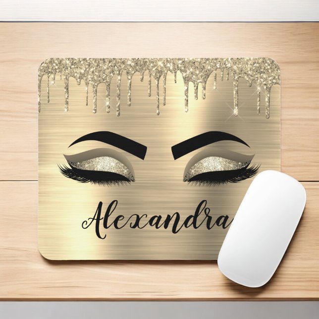 Gold Glitter Sparkle Eyelashes Monogram Name Mouse Pad (Creator Uploaded)
